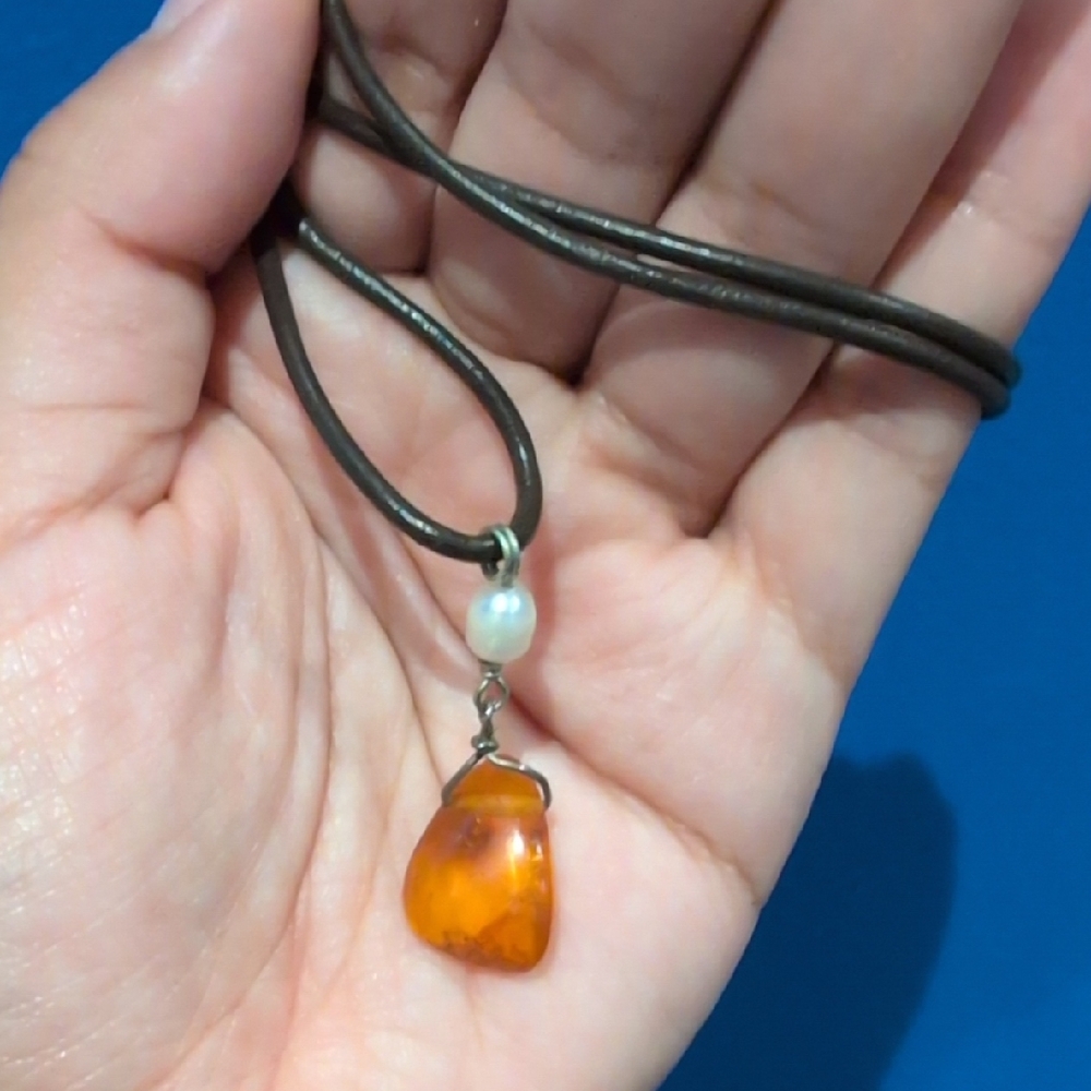 Amber and Pearl Pendant Necklace